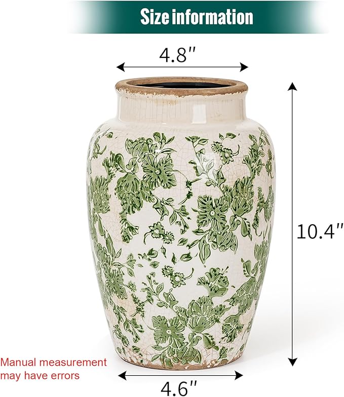 Sungmor Ceramic Flower Vase, Vintage Ice Cracked Glaze Porcelain Vase, Pretty Home Decor Vase for Flower Arrangement, Fresh Flowers, 10.2 Inch Tall Chinoiserie Pottery Vase, Green Floral Pattern-VerdiqueGarden