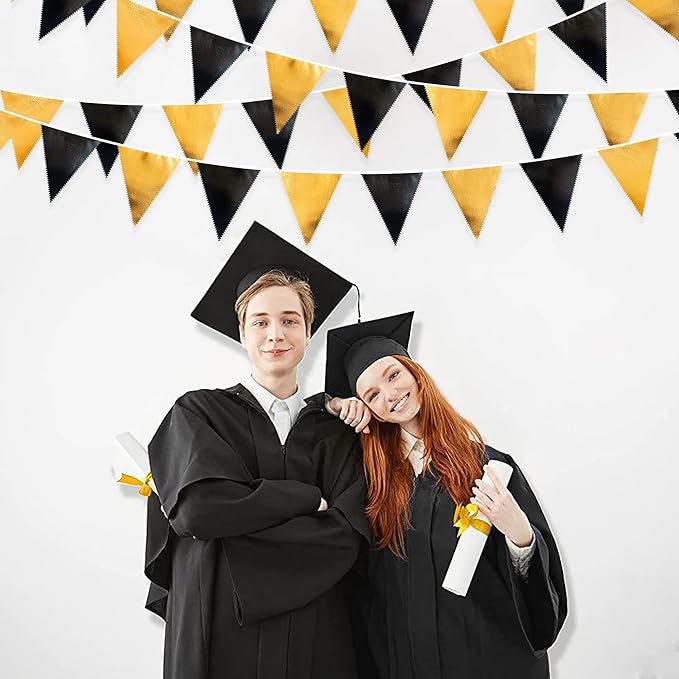 Black and Gold Party Decorations Triangle Pennant Banner Flag Metallic Fabric Bunting Garland for Birthday Graduation Anniversary Wedding Bachelorette Bridal Shower Engagement Hen Party Supplies-VerdiqueGarden