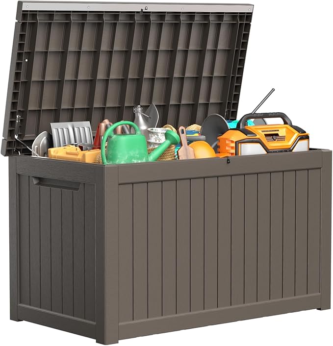 230 Gallon Resin Deck Box, Lockable Patio Outdoor Storage Box for Furniture, Garden Tools and Tools Storage, Waterproof Outside Storage Boxes - Grey-VerdiqueGarden