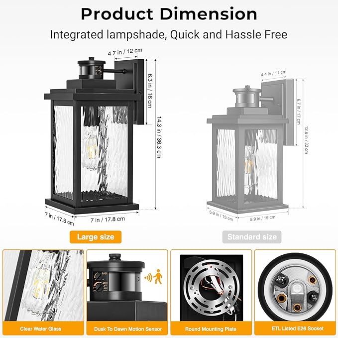 VIANIS Large Advanced Motion Sensor Outdoor Lights, Black Easy-to-Install Dusk to Dawn Outdoor Wall Lights, Aluminum Waterproof Porch Light with Water Glass for Porch, Garden, Front Door-VerdiqueGarden
