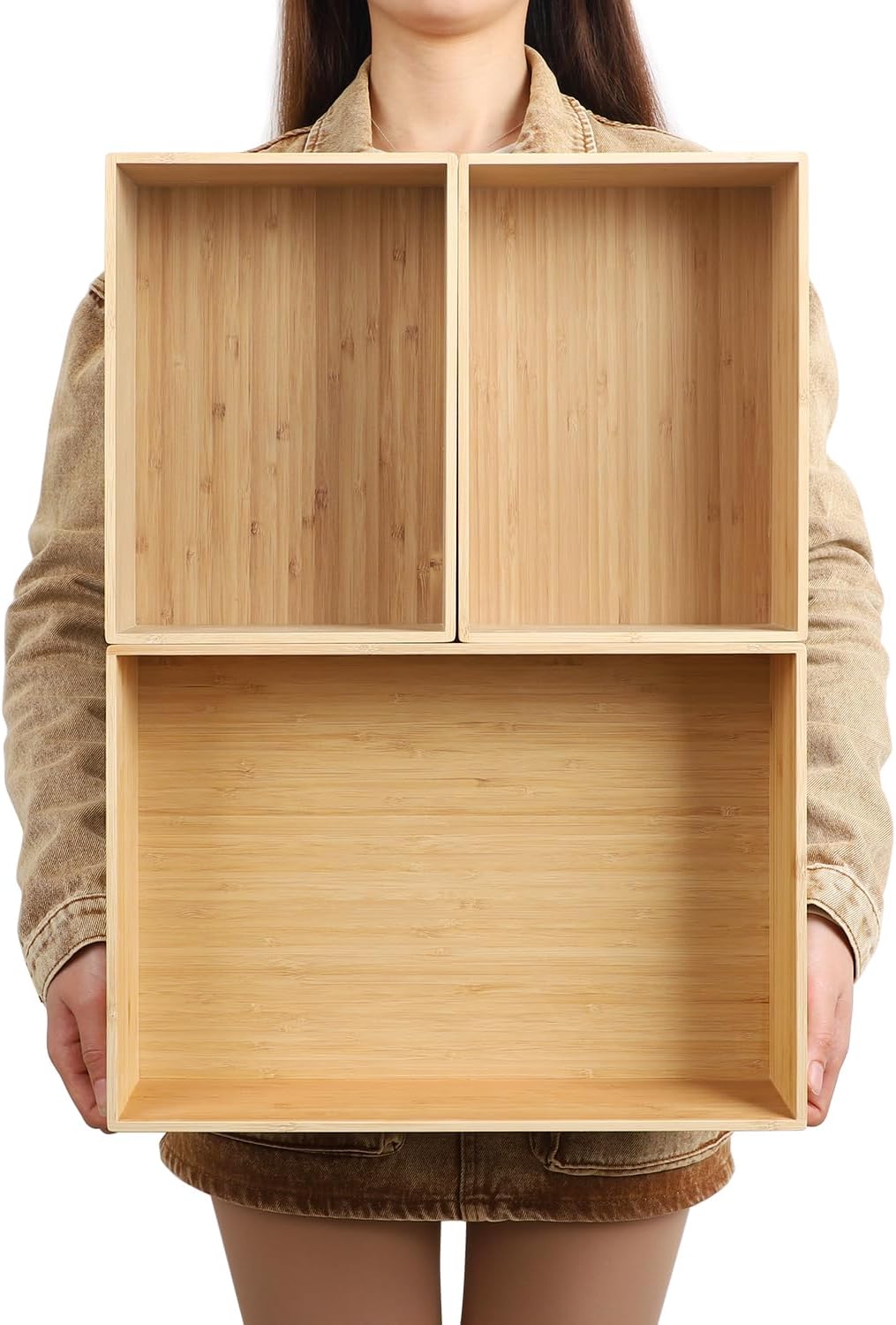 3-Piece Large Bamboo Storage Box Set, 7.1 in High Stackable Deep-Drawer Organizer for Kitchen Cutlery, Utensils & Knives, Exquisite and Durable Lidless Wooden Bin (14.6"x10.2x7.1"*1+10.2"x7.3"x3"*2)-VerdiqueGarden