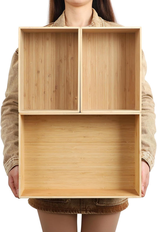 3-Piece Large Bamboo Storage Box Set, 7.1 in High Stackable Deep-Drawer Organizer for Kitchen Cutlery, Utensils & Knives, Exquisite and Durable Lidless Wooden Bin (14.6"x10.2x7.1"*1+10.2"x7.3"x3"*2)-VerdiqueGarden