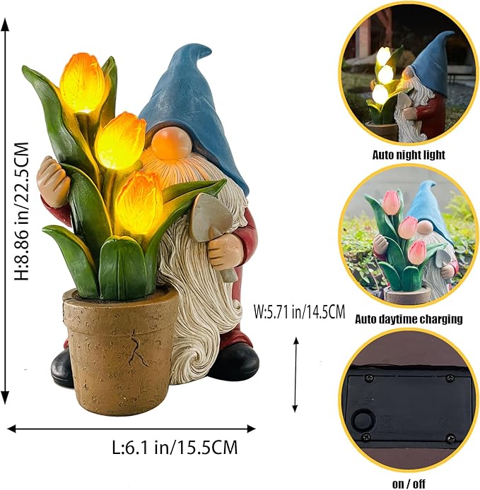 Garden Gnome Statue, Sculpture of a Dwarf Holding a Shovel and a Flower Pot, Solar Gnome Statues Outdoor Decor, Outside Lawn Patio Yard Ornament Gifts-VerdiqueGarden
