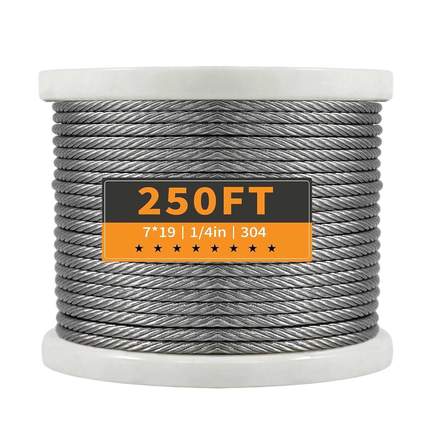 1/4" Stainless Steel Cable, 250FT Wire Rope, 7X19 Strands Aircraft Cable, 6400lbs Breaking Strength, for Zipline, Outdoor, Deck Railing, Heavy Duty Applications, Hanging-VerdiqueGarden