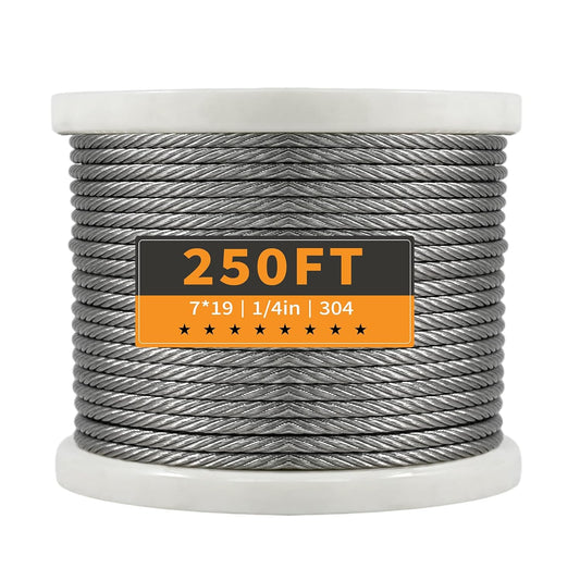 1/4" Stainless Steel Cable, 250FT Wire Rope, 7X19 Strands Aircraft Cable, 6400lbs Breaking Strength, for Zipline, Outdoor, Deck Railing, Heavy Duty Applications, Hanging-VerdiqueGarden