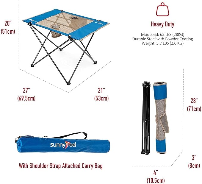 SUNNYFEEL Outdoor Folding Table | Lightweight Mesh Compact Camping Table, Roll Up Top 2 People Portable Camp Tables with Carry Bag for Picnic/Cooking/Beach/Travel/BBQ-VerdiqueGarden
