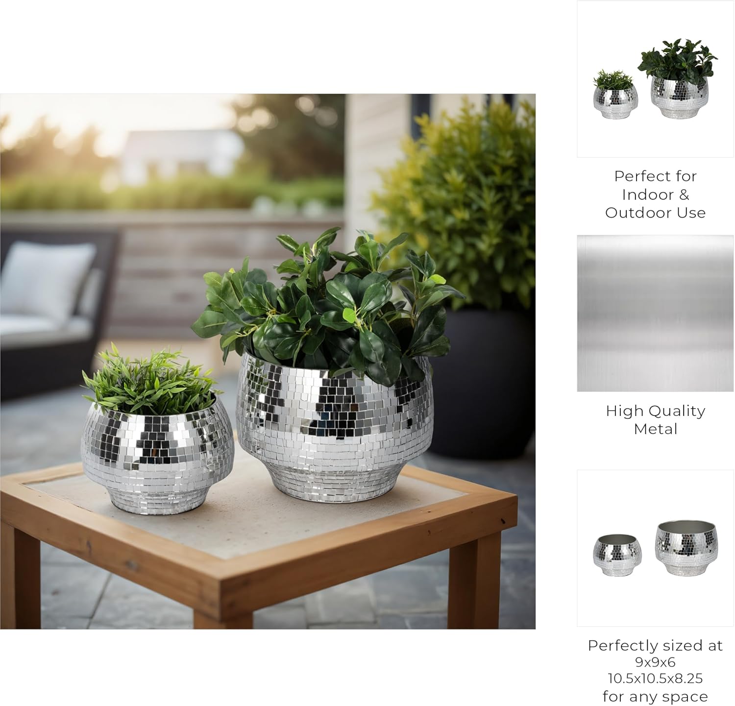 Flower Pots and Planters for Home Decor – Mosaic Indoor and Outdoor Plant Pots for Garden, Patio, or Room – Modern Pots for Indoor Plant Stand for Herbs, Succulents, or Ferns Set of 2 – 8", 6" Silver-VerdiqueGarden