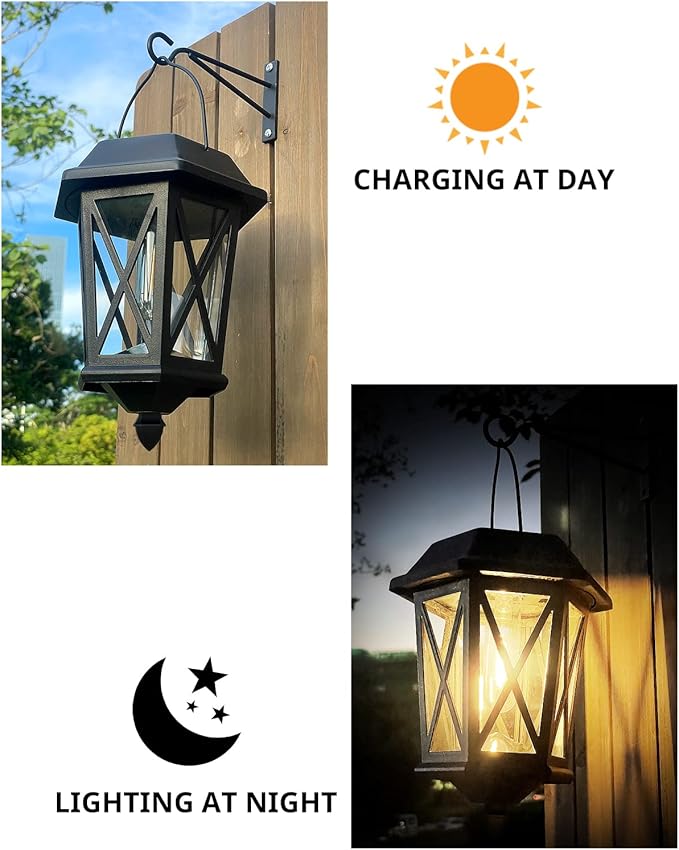 Solar Lanterns Outdoor Waterproof, Hanging Solar Lights with Glass Shade - 2 Pack LED Metal Wall Mount Outdoor Light for Yard/Garden/Patio - Black-VerdiqueGarden