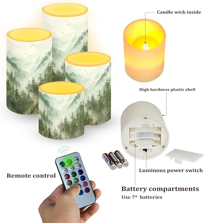 LED Flameless Candles Set Battery Operated Candles Pack of 4 with Remote Control Timer Dancing Flame Pillar Candles for Indoor Home Desktop Decoration, Mountain Tree Green-VerdiqueGarden
