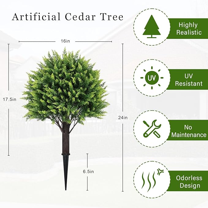 24" Artificial Cedar Topiary Ball Bushes, Set of 2 UV Resistant Fake Trees Outdoor Shrubs with Ground Spike, Weatherproof Faux Plants for Planter, Front Porch, Garden, Yard, Patio Decor-VerdiqueGarden