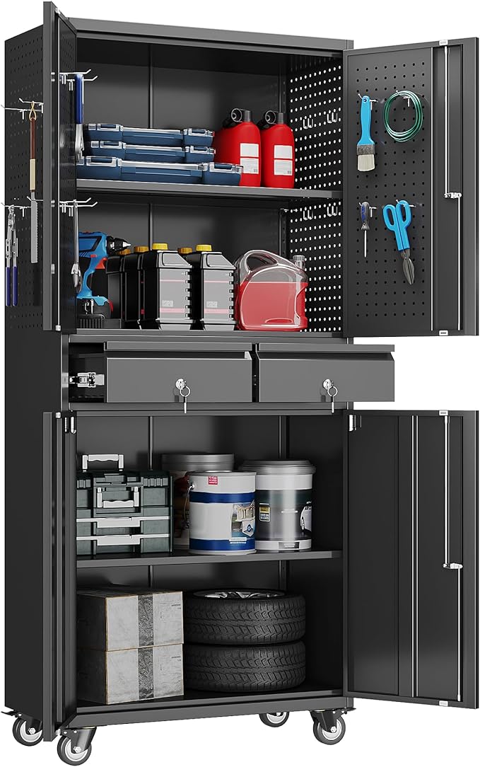 Metal Garage Storage Cabinet with Locking Doors and 2 Adjustable Shelves, Rolling Tool Storage Cabinet with 4 Wheels and 2 Drawer for Garage, Warehouse, Black, Assembly Required-VerdiqueGarden