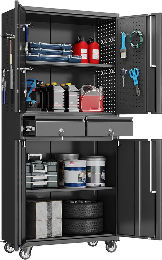 Metal Garage Storage Cabinet with Locking Doors and 2 Adjustable Shelves, Rolling Tool Storage Cabinet with 4 Wheels and 2 Drawer for Garage, Warehouse, Black, Assembly Required-VerdiqueGarden