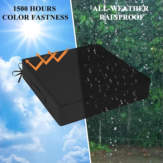 Outdoor Chair Cushions Set of 2 for Patio Furniture 24x24x4 Inch Waterproof Patio Chair Cushion 3 Year Color Fastness Square Elastic Foam Garden Couch Pads with Ties and Handle,Black-VerdiqueGarden