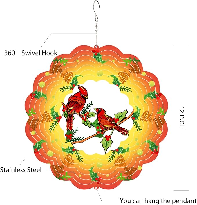 Cardinal Wind Spinners Metal Cardinal Gifts for Women, Mom, Grandma,12inch Hanging Wind Spinner for Outdoor&Indoor Decor Wind Kinetic Christmas Mother Ornament for Yard Garden Decoration-VerdiqueGarden