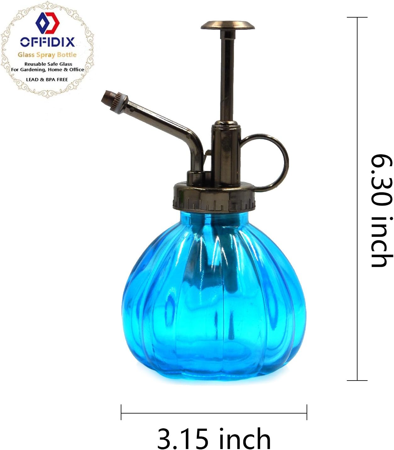 OFFIDIX Glass Watering Spray Bottle, 6.3" Tall Vintage Style with Bronze Plastic Top Pump One Hand Watering Can Spray Bottle (Light Blue)-VerdiqueGarden
