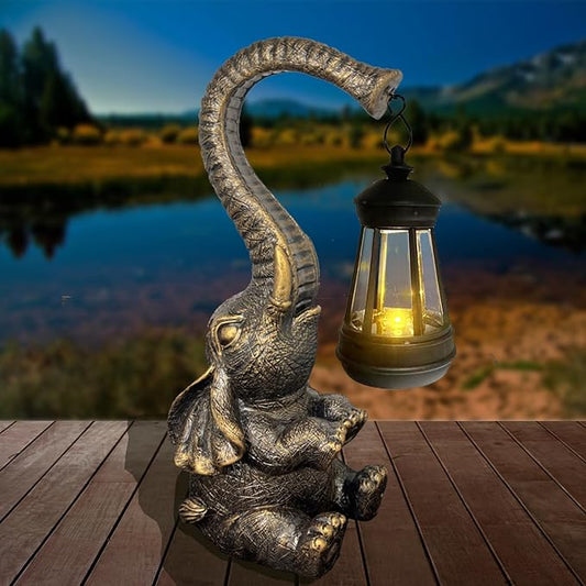 10.6 Inch Statue Elephant with Solar Outdoor Lights for Garden Decor，Lucky Present with Appeal For Birthdays(Man and Women and family)， Unique Housewarming Presents and Yard Decoration. (black)-VerdiqueGarden