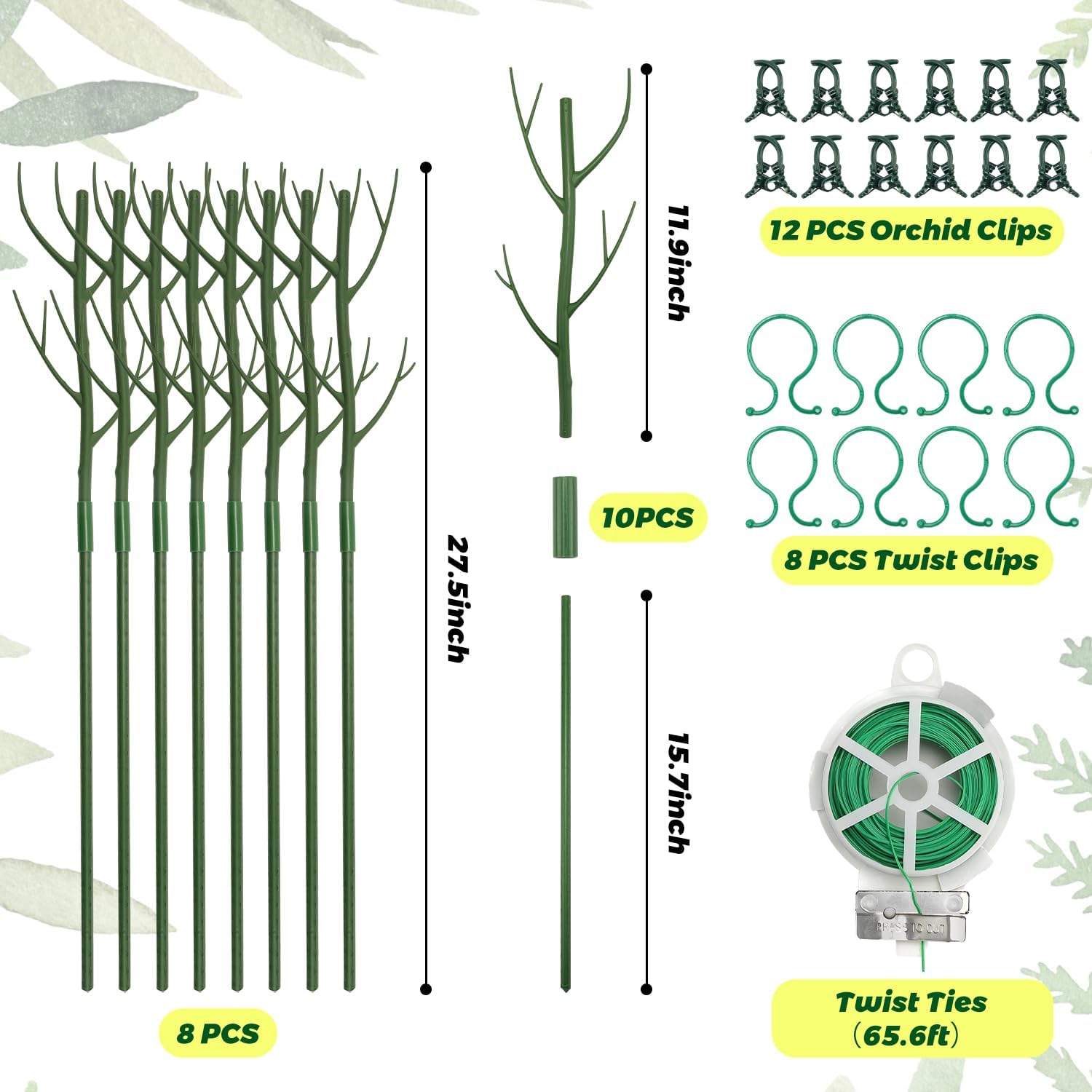 8 Pack Monstera Plant Support Stakes, 27.5inch Detachable Twig Plant Support Stakes with 12 Orchid Clips, 8 Twist Clips 65ft Twist Ties - Ideal Plant Stakes for Indoor Outdoor Plants-VerdiqueGarden