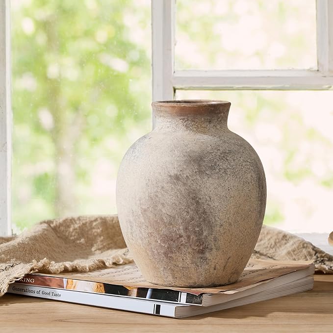 SIDUCAL Ceramic Decorative Flower Vase | 6 Inch Pottery Rustic Farmhouse | Boho | Whitewashed Terracotta Vase for Home Decor, Table, Living Room, Bathroom, Shelf, Mantel Decoration-VerdiqueGarden