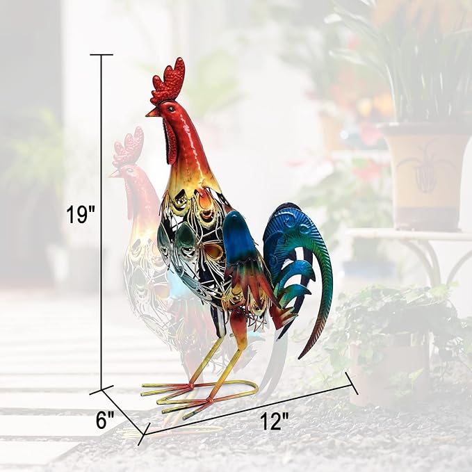 19 Inch Solar Rooster Statue Lights, Metal Yard Art Solar Rooster, Large Rooster Statue Colorful Lights for Garden Lawn Outdoor Decoration Gifts.-VerdiqueGarden