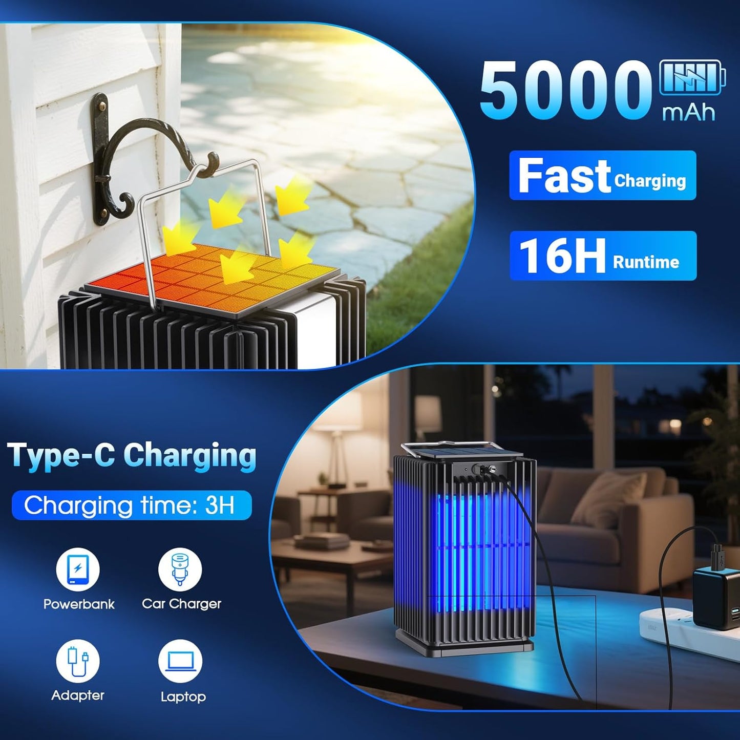 Solar Bug Zapper Outdoor Waterproof, Solar Mosquito Zapper Outdoor with Ground Bracket, Cordless Fly Zapper with Illuminated Light, 5000mAh Rechargeable Mosquito Killer-VerdiqueGarden