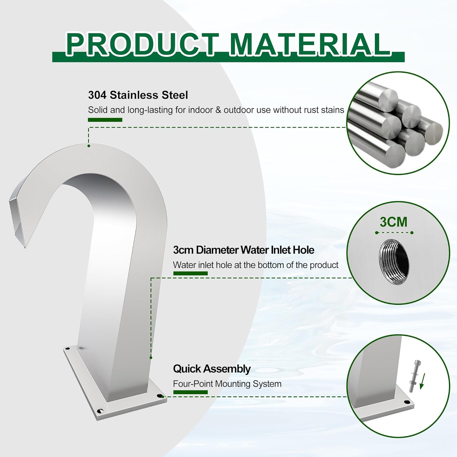 S-Shape Waterfall Spillway Ground Pool Fountain, LONGRUNNEW 304 Stainless Steel Outdoor Water Feature 18.82" x 11.93" x 12.20" for Garden Decor, Landscape Accents & Patio Pond Water Feature-Medium-VerdiqueGarden