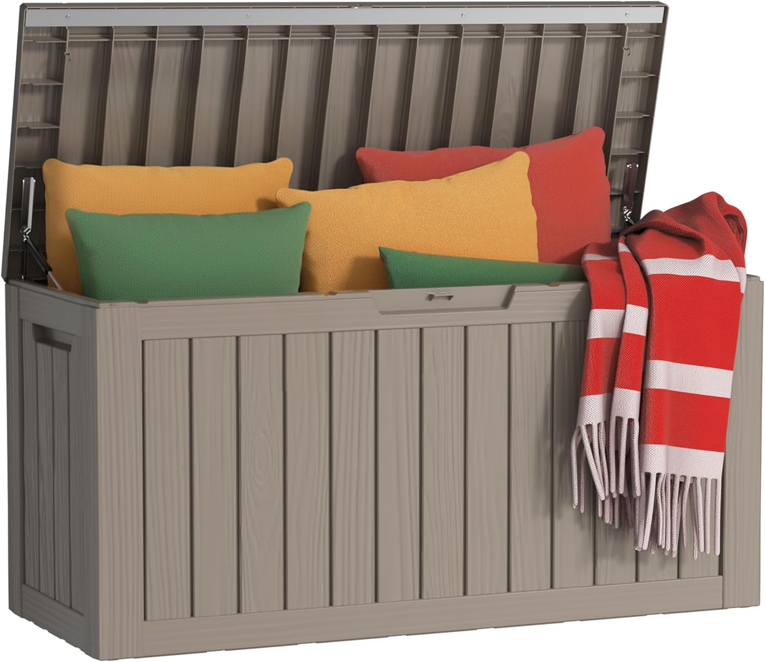 80 Gallon Outdoor Storage Box Waterproof, UV Resistant Resin Deck Box with Hydraulic Rod, Reinforced Stability for Patio, Garden, Striped Gray-VerdiqueGarden