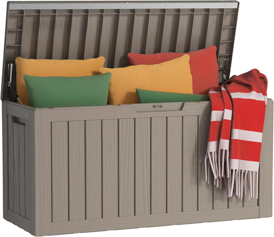80 Gallon Outdoor Storage Box Waterproof, UV Resistant Resin Deck Box with Hydraulic Rod, Reinforced Stability for Patio, Garden, Striped Gray-VerdiqueGarden