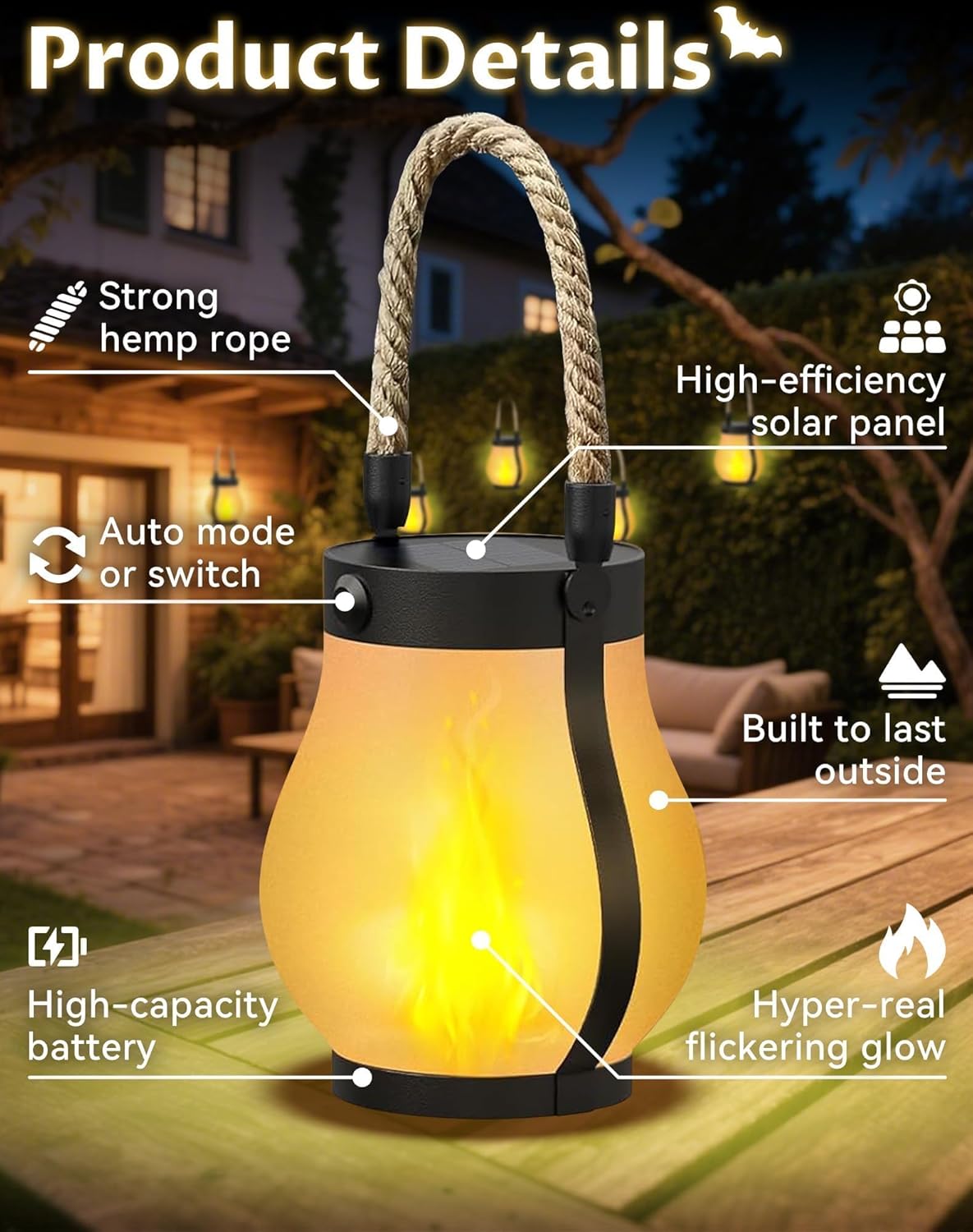 Kaliqo Solar Lanterns Outdoor Lights, Hemp Rope Flame Lights, Dancing Flame Solar Lights,It is Suitable for Outdoor Camping, Home Garden Decoration, Etc. (1)-VerdiqueGarden