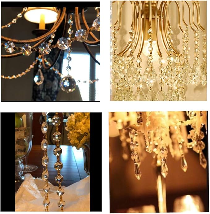 12.5 FT Crystal Glass Strand, Garland Octagon Beads Chandelier Crystal Prism Replacement for Hanging Clear with Golden Clips-VerdiqueGarden