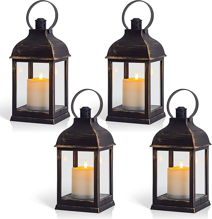 Vintage Lantern Decorative LED Flickering Flameless Candle with Timer, Battery Powered LED Decorative Hanging Golden Brushed Black Lanterns for Indoor Outdoor Garden Yard Home Decor(4 Pack)-VerdiqueGarden