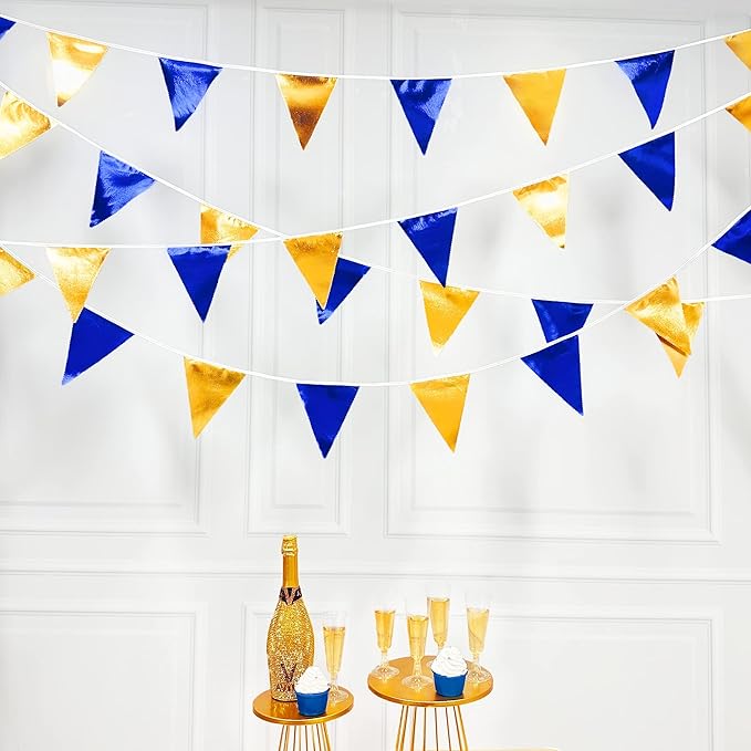 Royal Blue Gold Party Decoration Navy Blue Gold Triangle Pennant Banner Flag Metallic Fabric Bunting Garland for Graduation Birthday Wedding Retirement Bridal Shower Nautical Ahoy Achor Party Supplies-VerdiqueGarden
