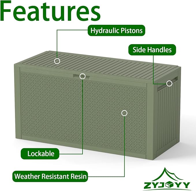 Outdoor Storage Box, 90 Gallon Deck Box, Waterproof Resin Storage Bin for Patio Cushions, Gardening Tools, Lockable, UV Resistant,Olive Green-VerdiqueGarden