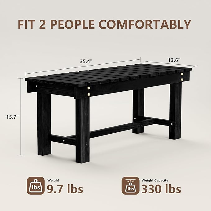 Nidouillet Outdoor Garden Bench, Weatherproof Patio Benches 2-Person Seat Backless Wooden Porch Bench, Multifunctional Slat All Weather Bench for Garden Lawn Porch Park Backyard (Black, 35.5 inch)-VerdiqueGarden