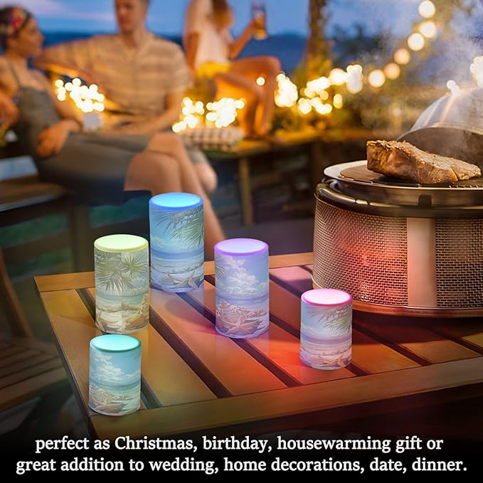 Flickering Flameless Candles, Starfish Seashell Beach Palm LED Candles with Remote Timer, Set of 2 Battery Operated Candle for Valentine Wedding Birthday-VerdiqueGarden