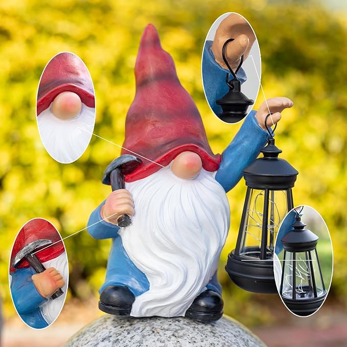 Garden Gnome Statue Solar Light Outdoor Decorations Figurine with Lantern Led Shovel Sculpture Lawn Patio Yard Porch Outside Christmas Housewarming Gifts for Women Mother's Day Grandma-VerdiqueGarden