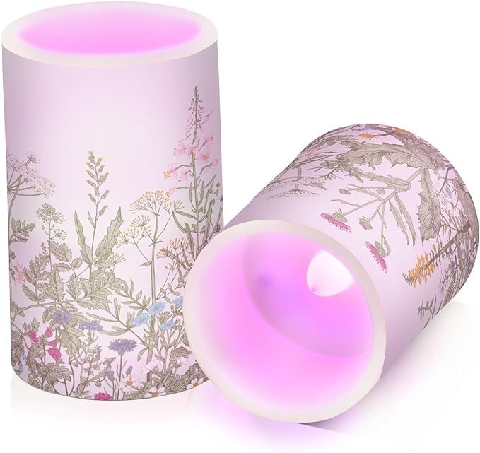 Flickering Flameless Candles, Flowers Herbs Wildflowers Botanical LED Candles with Remote Timer, Set of 2 Battery Operated Candle for Valentine Wedding Birthday-VerdiqueGarden