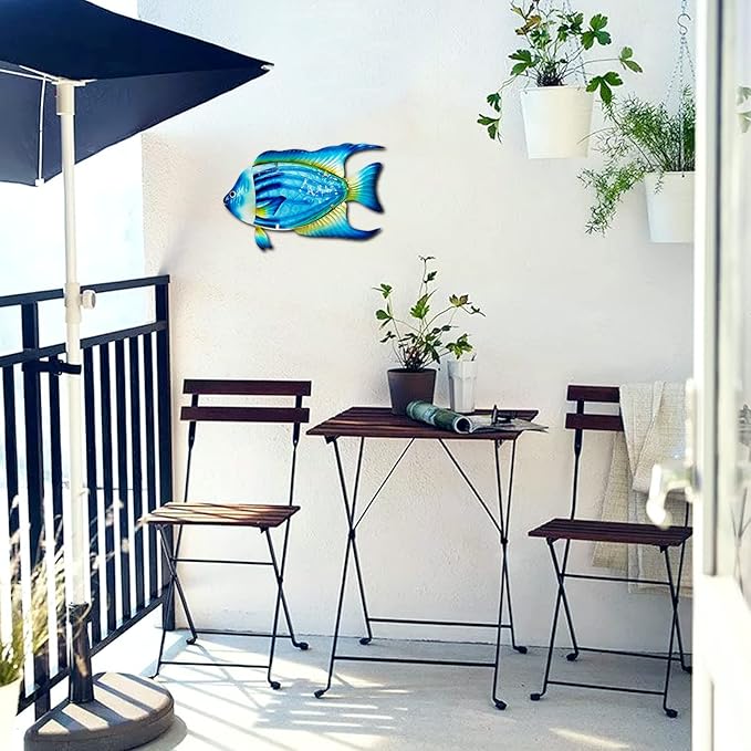 John's Studio Fish Sea Wall Decor Outdoor Metal Garden Hanging Art Glass Sculptures Home Ocean Theme Decorations for Kitchen Bathroom and Pool - Blue-VerdiqueGarden