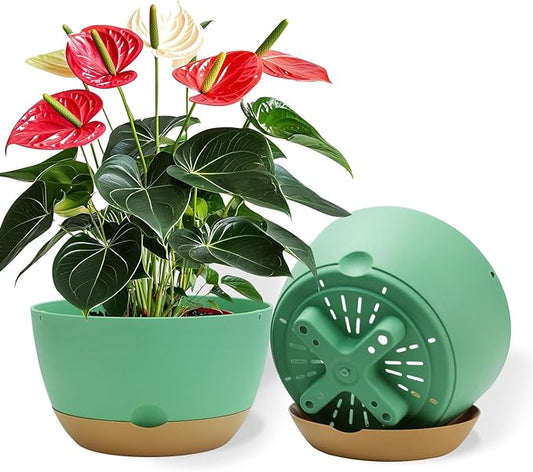 10 Inch Pots for Indoor Plants, Large Self Watering Planters with Drainage and Saucers, Plastic Outdoor Flower Pot, Set of 2, Green-VerdiqueGarden