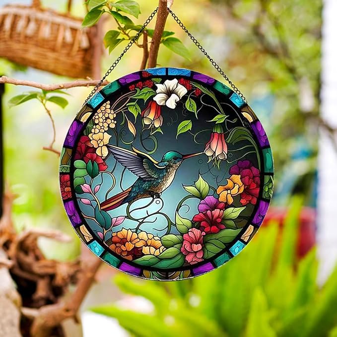 Hummingbirds and Flowers Pattern Suncatcher Stained Glass,Hanging Stained Glass for Windows,20cm/7.87inch Hand-Painted Sun Catcher Garden Hangings Painted Glass Panel Decor Themed Gift-VerdiqueGarden