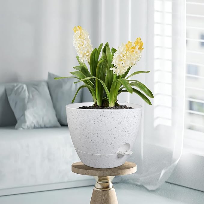 12 inch Large Self Watering Pots for Indoor Outdoor Plants, Plant Pots with Mesh Drainage Holes for Garden House Plants, Plastic Planters with Reservoir for Flower, Speckled White-VerdiqueGarden