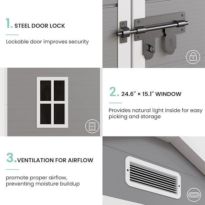 UDPATIO Outdoor Storage Shed 7.5x10.7 FT, Grey & White Resin & Steel Shed with Lockable Door for Backyard, Patio, Lawn-VerdiqueGarden