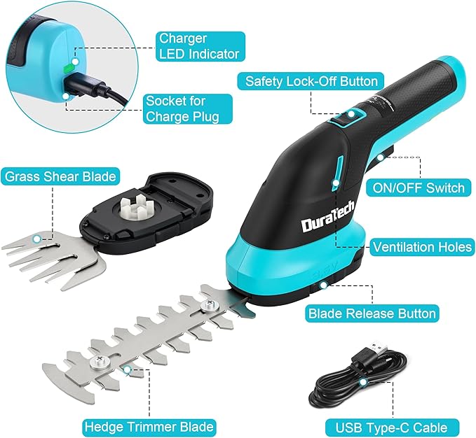 DURATECH Cordless Hedge Trimmer, 3.6V 2-in-1 Handheld Rechargeable Grass Trimmer & Hedge Shears with USB Type-C Cable, Built-in Li-ion Battery, Electric Shrub & Grass Shears for Garden, Yard and Lawn-VerdiqueGarden