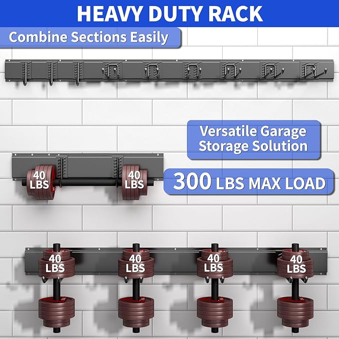 Garage Organization Tool Organizer Wall Mount, 48inch Heavy Duty Garden Tool organizer Storage System, Easy Install With 9 Adjustable Hooks, For Garage, Basement, Shed, Workshop(Black)-VerdiqueGarden