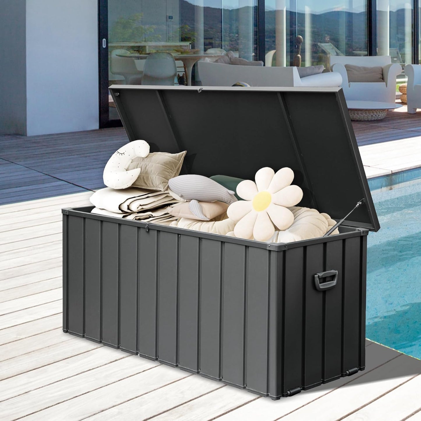 190 Gallon Metal Deck Box, Waterproof Steel Outdoor Box, Large Patio Furniture Storage Cabinet, Lockable Storage Bench for Porch Package Delivery, Pillows, Cushions, Pool, Tools, Backyard, Grey-VerdiqueGarden