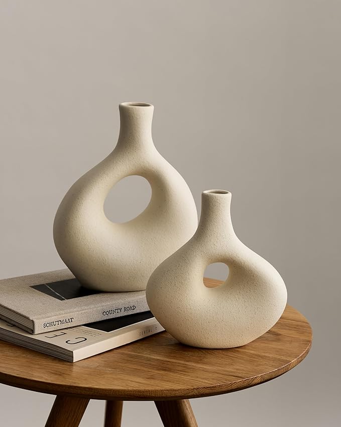 NOBULA White Ceramic Donut Vases – Modern Home Decor for Living Room, Bedroom & Table Centerpiece - Minimalist Nordic – Unique Vases for Olive Plant & Flowers – Decorative Coffee Table Vase Set of 2-VerdiqueGarden