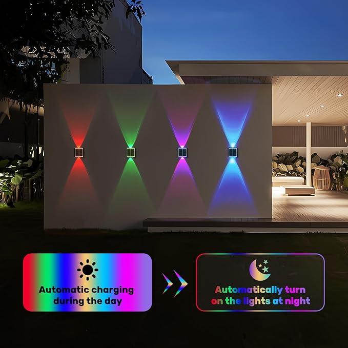 2LEDs Multi-Color Solar Wall Lights, Up and Down Lighting Solar Outdoor Light Waterproof IP65, Solar Fence Light for Yard Garden Garage (4 Pack)-VerdiqueGarden