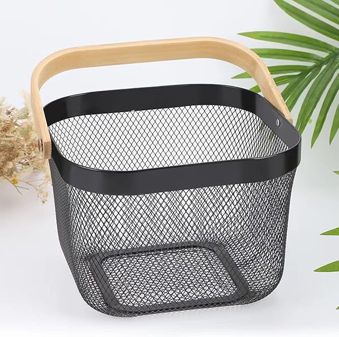 Metal Mesh Steel Basket, Storage Organizer Basket Multi-functional Hanging Kitchen Baskets Fruit Basket Bin with Bamboo Handle for Kitchen Bathroom Picnic Shopping Decor Cabinet Home, Black-VerdiqueGarden