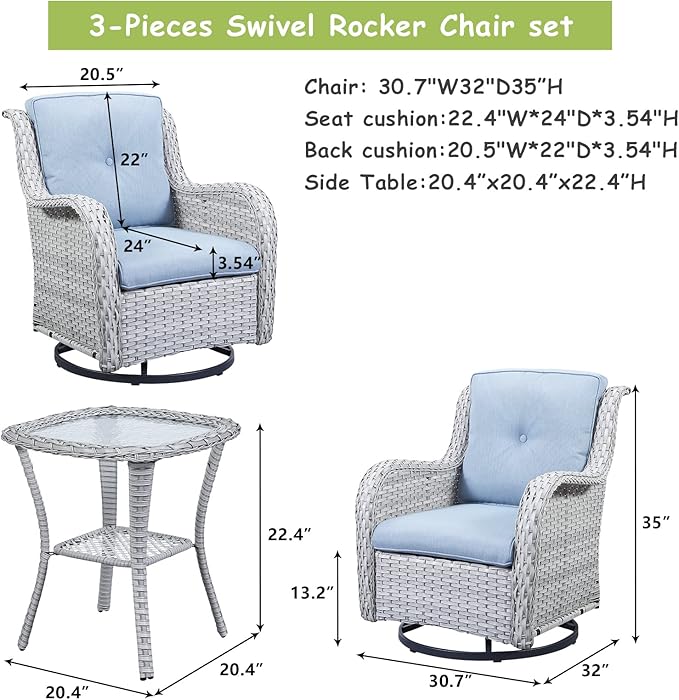 Outdoor Patio Swivel Rocker Chairs - 3 Piece Patio Bistro Set,Wicker Patio Furniture Set with 2 Swivel Rocking Chairs and 1 Glass Top Side Table for Deck Porch Garden,Light Grey/SkyBlue-VerdiqueGarden