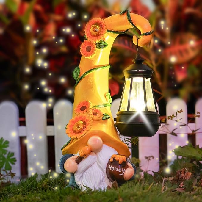 Twinbling12 Solar Sunflower Gnome Garden Statues Honey Bee jar Decor with LED Lantern Outdoor Summer Gnomes Decorations Patio Yard Balcony Art Gifts for Women Mom Grandma-VerdiqueGarden