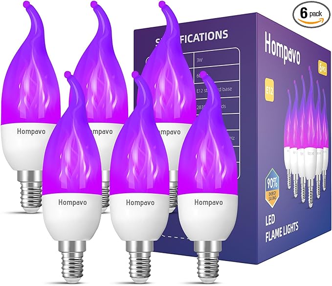 Hompavo 【Upgraded LED Flame Light Bulbs, 3 Modes Flickering Light Bulbs, E12 Chandelier Base Candle Fire Light Bulb for Halloween Christmas Party Porch Indoor & Outdoor Home Decoration, Purple 6 Pack-VerdiqueGarden